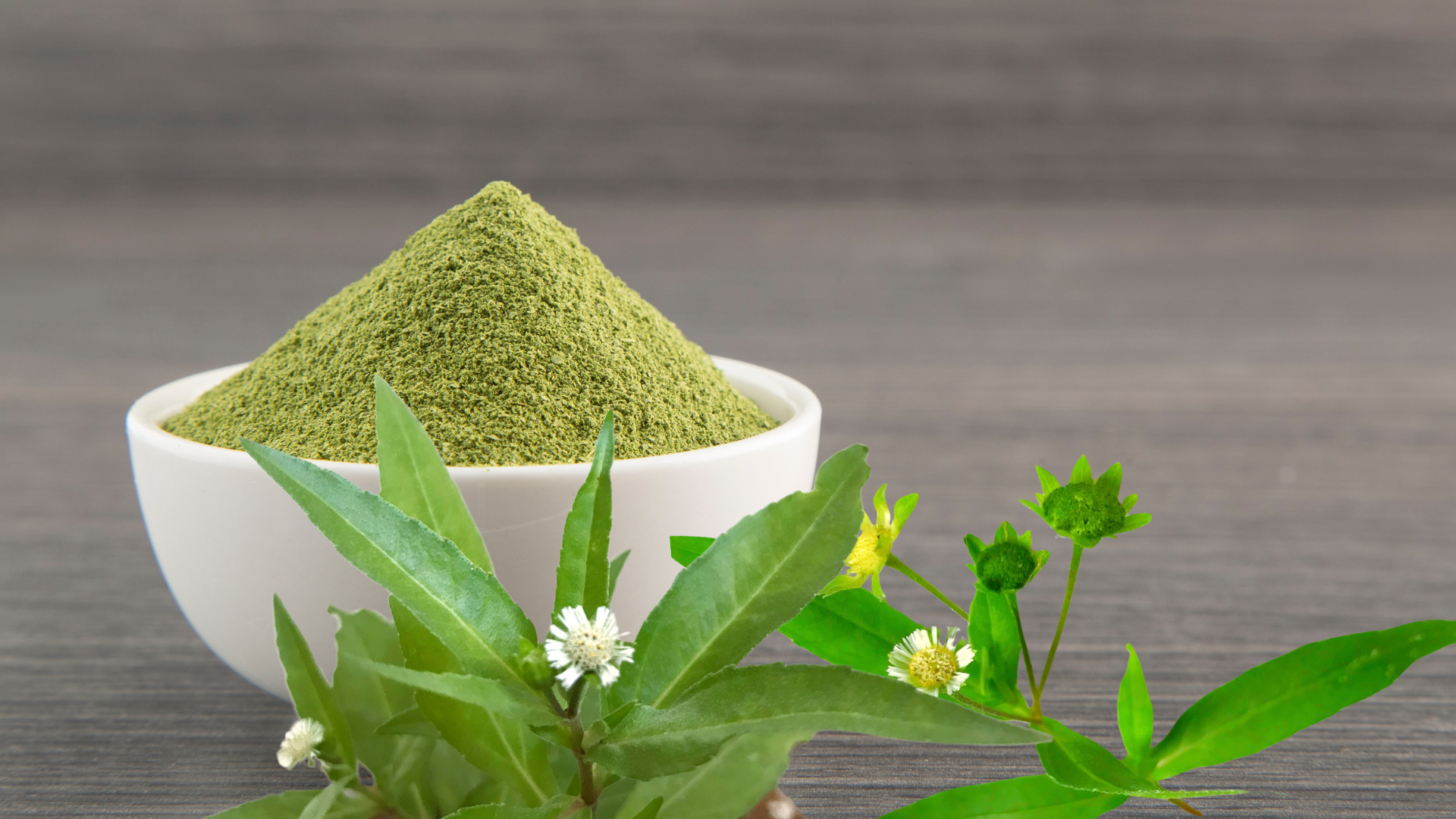 bhringraj powder and bhringraj green leaves on a surface