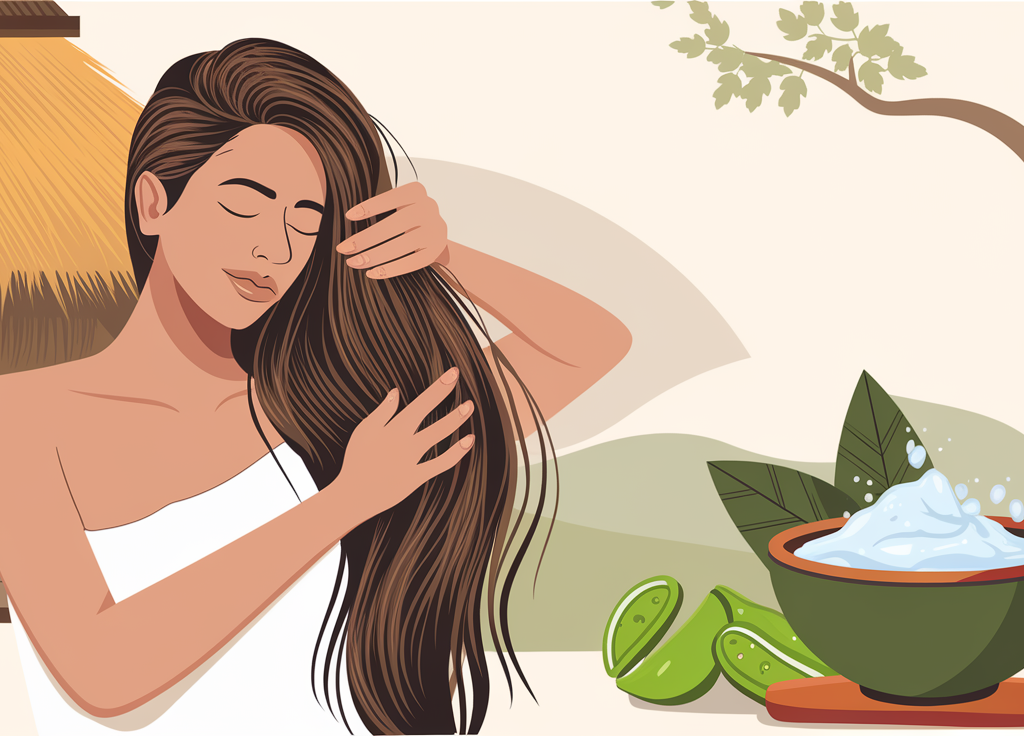 a lady applying Shikakai Reetha Amla on her hair