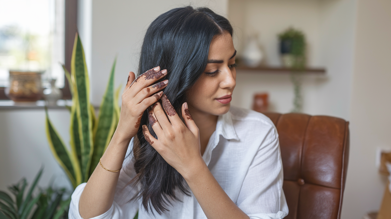A photo of a lady with black hair applying henna on her hair to color them using her hands. She is sitting in a chair and has a white shirt on. The background is a room with a window, a few plants, and a few decorative items.